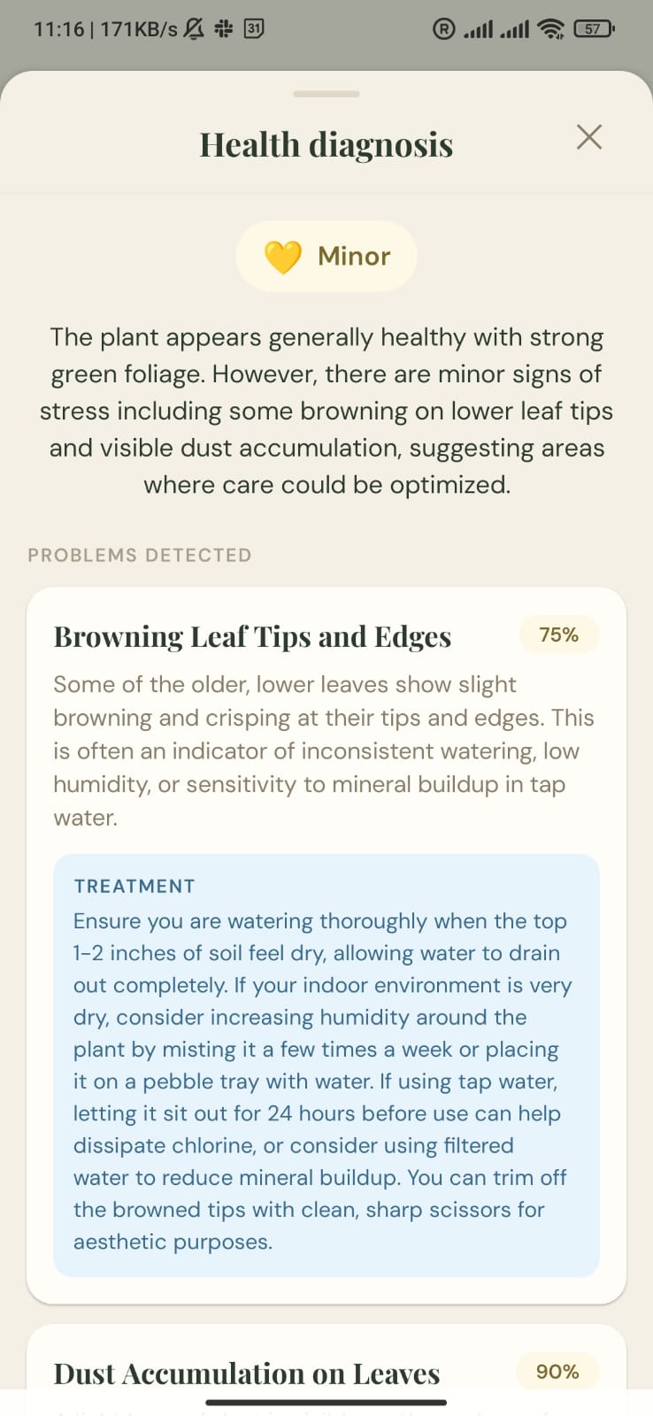 AI diagnosis showing plant health problems with treatment recommendations